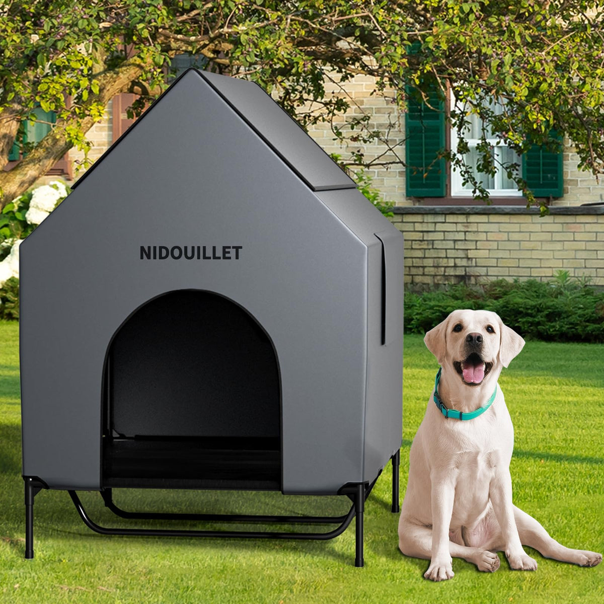 Nidouillet 48-inch dog house shown outdoors, spacious shelter for large breeds.