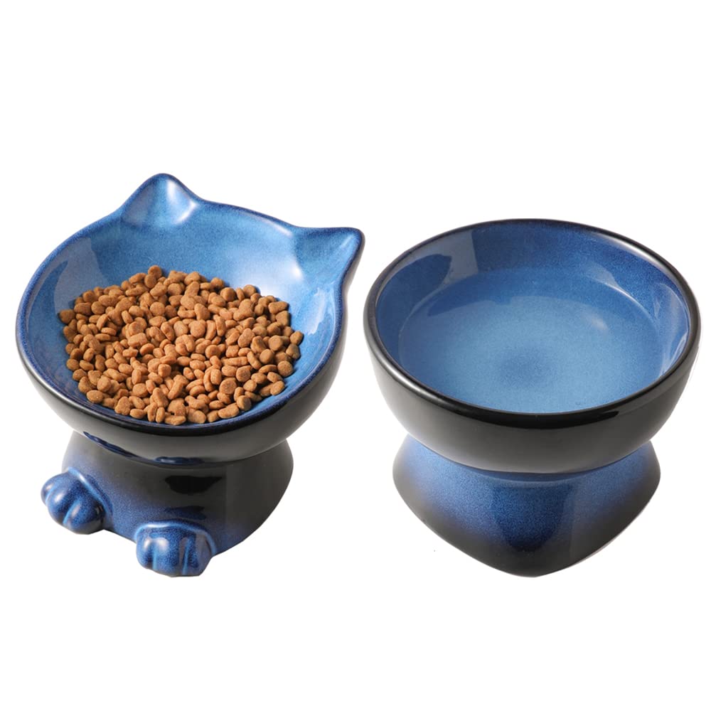 Nihow elevated bowls blue-black main view highlights stable 2-piece ceramic set.