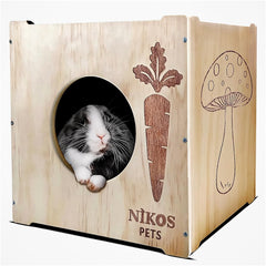NIKOS PETS wooden rabbit hideout front view showing cozy burrow design for small pets.