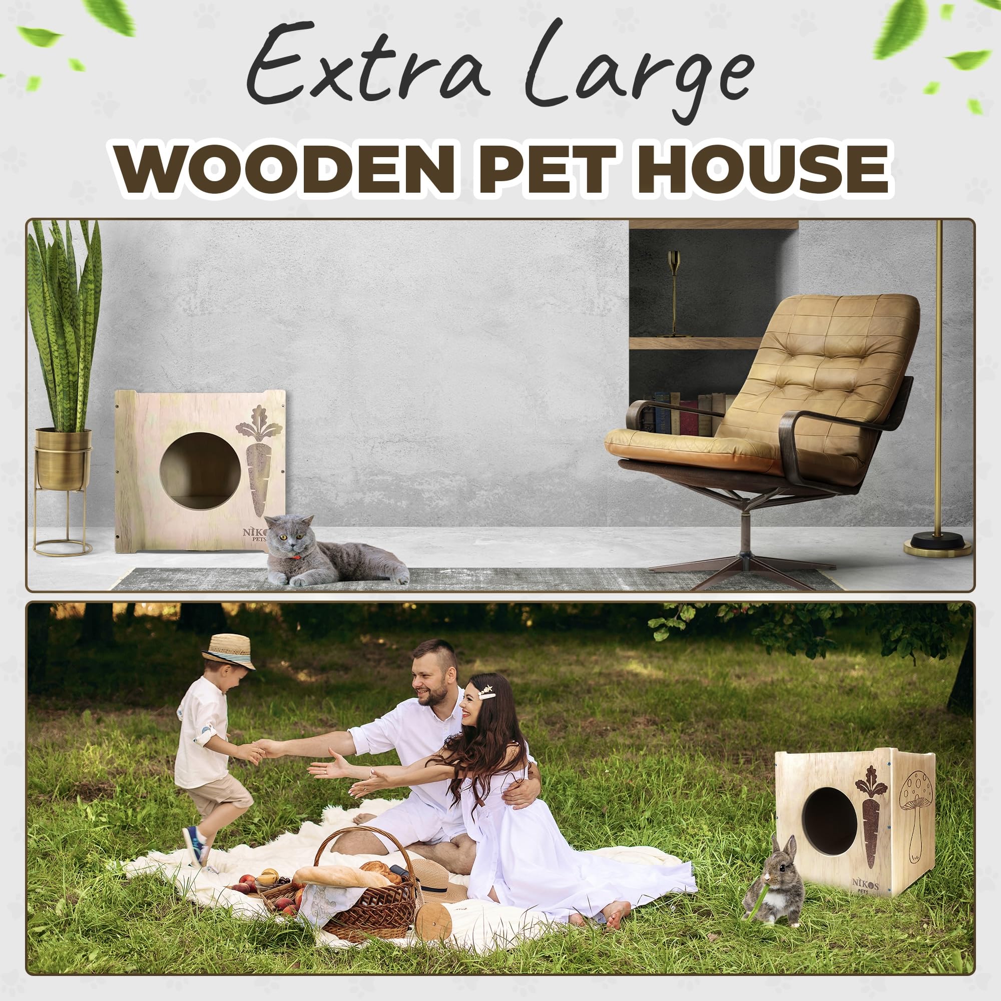 NIKOS PETS wooden hideout in indoor-outdoor use highlights versatile shelter for all small pets.