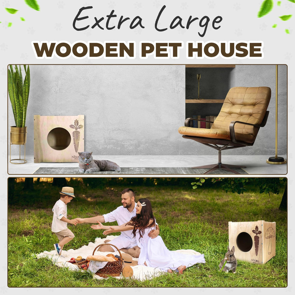 NIKOS PETS wooden hideout in indoor-outdoor use highlights versatile shelter for all small pets.