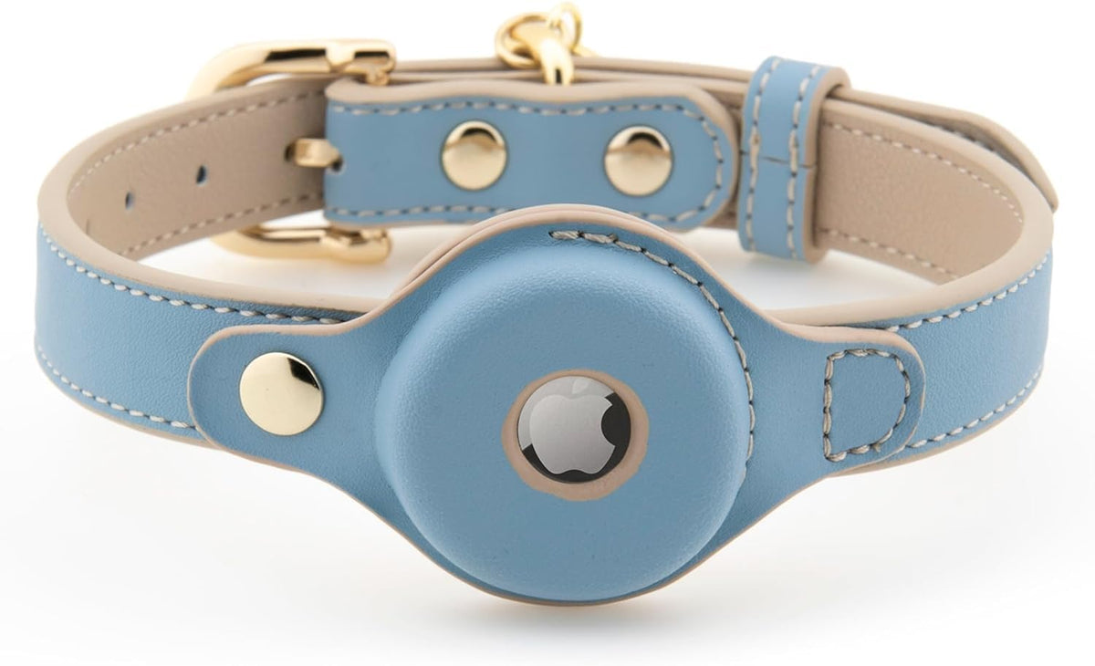 Nina Woof Cupertino blue large collar with tracker holder for safe roaming.