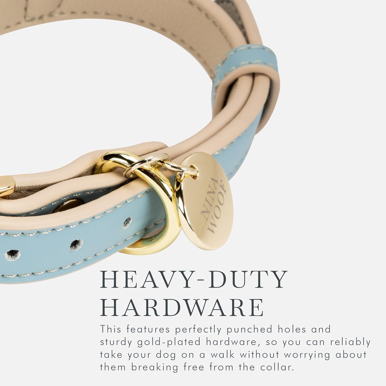 Nina Woof Cupertino blue vegan-leather collar close-up highlighting soft, durable material.