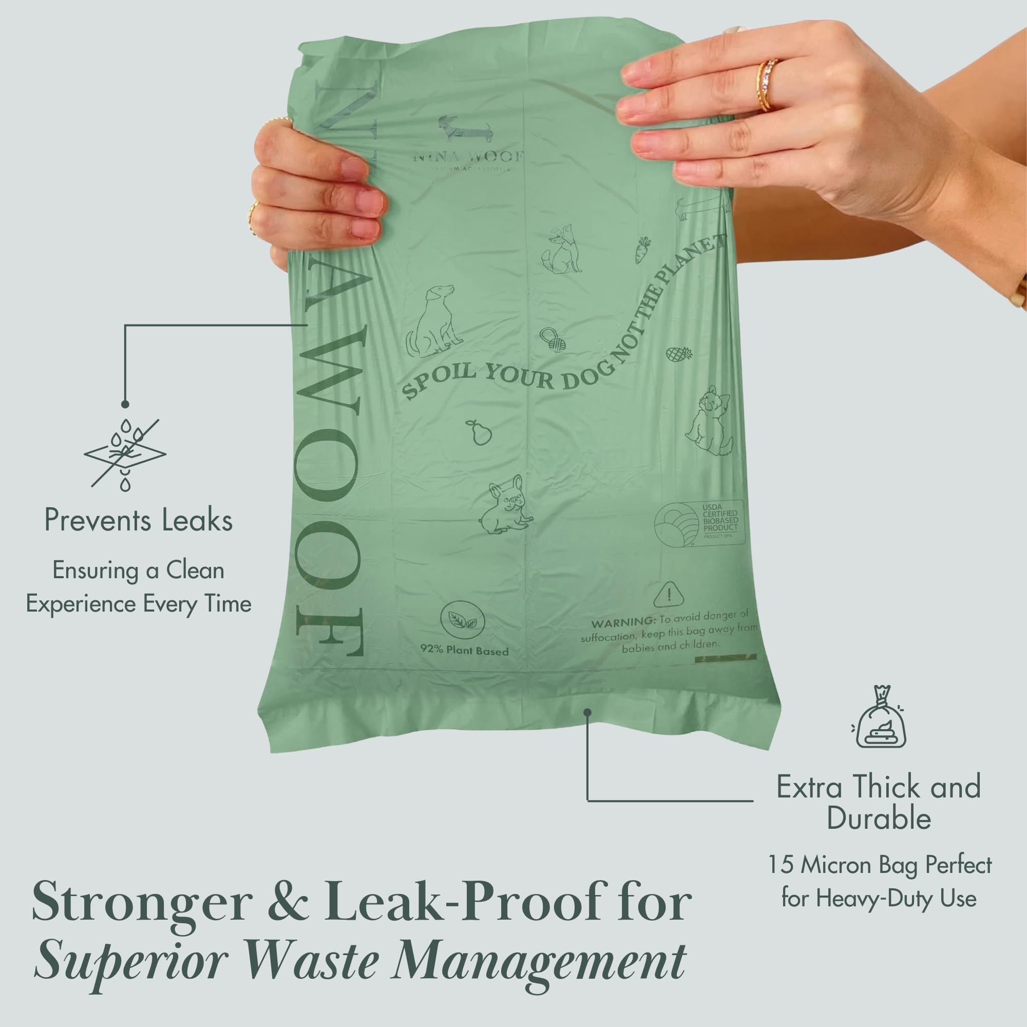Nina Woof easy-tear perforations for quick, spill-free waste disposal on walks