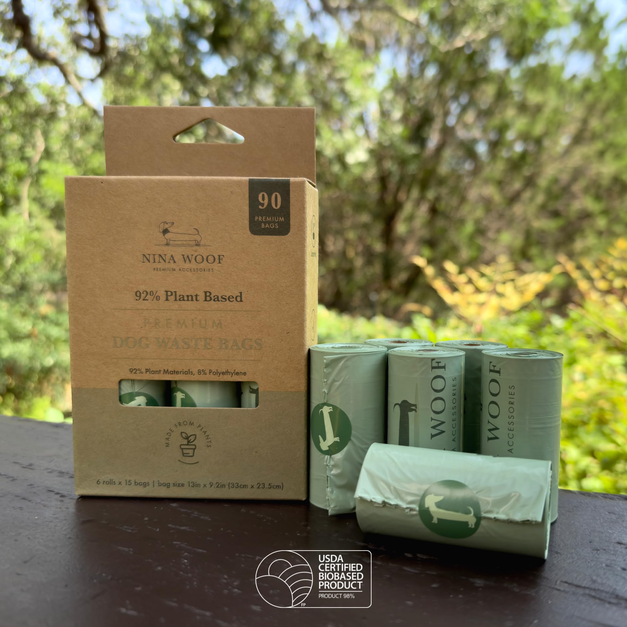 Nina Woof eco packaging emphasizes sustainable waste solution visuals.
