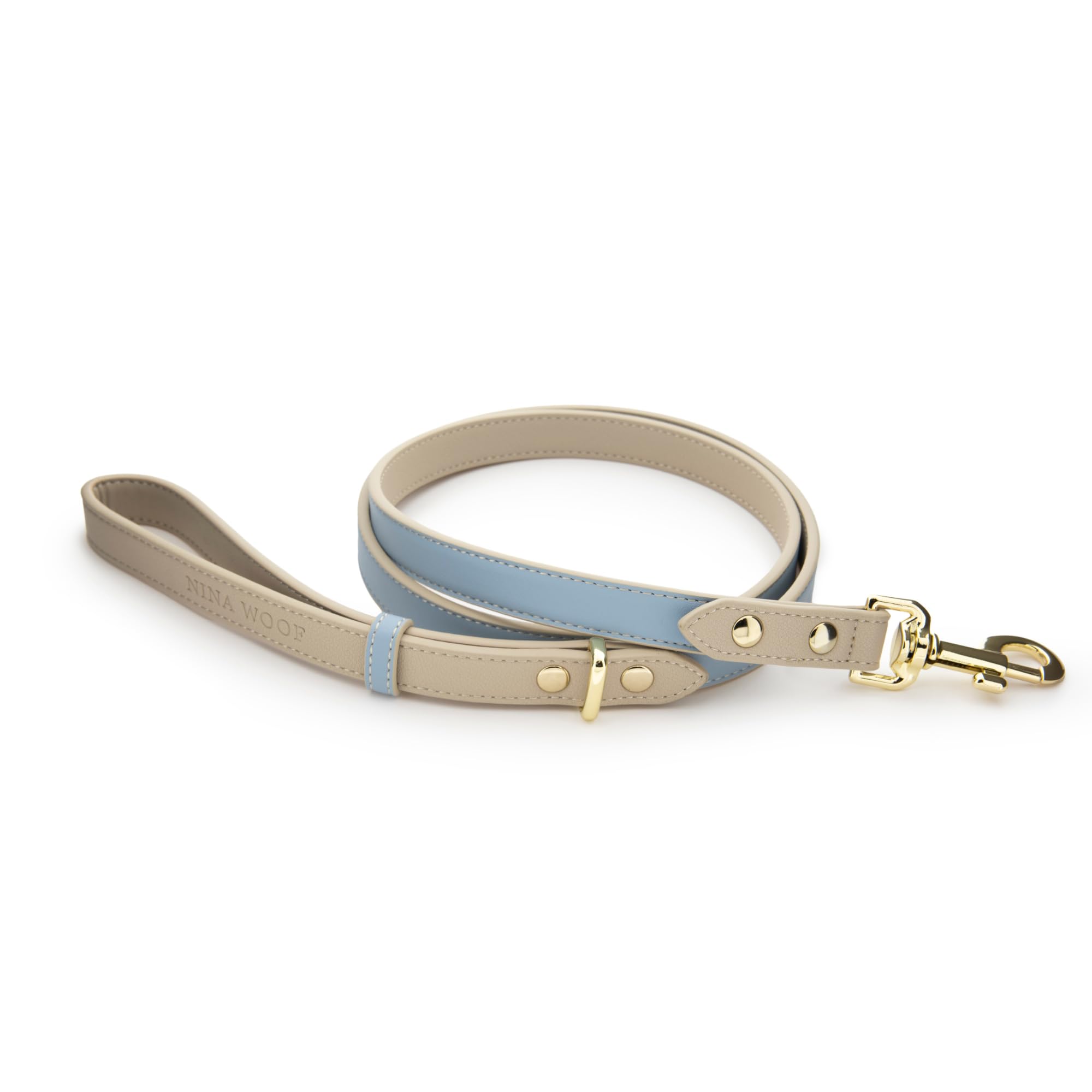 Nina Woof leather dog leash blue 4ft with soft handle for comfortable walks.