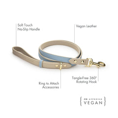 Nina Woof blue leash showing reinforced hardware for durability during daily outings.