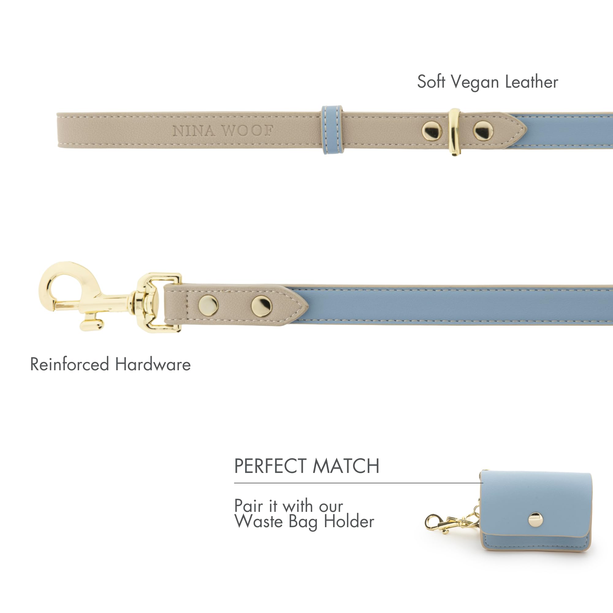 Nina Woof European-design blue leash with gold accents elevates urban strolls.