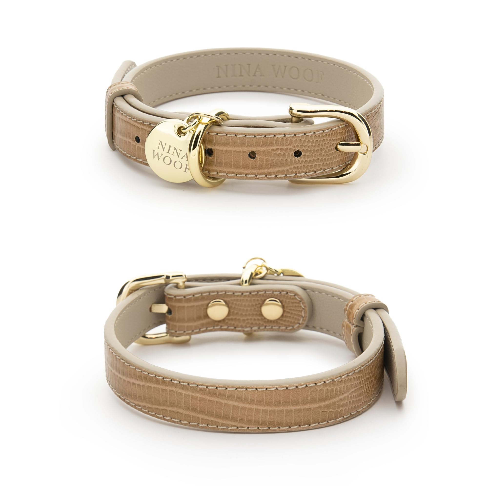 Nina Woof Milan vegan leather collar with padded buckle in beige for daily durable comfort.
