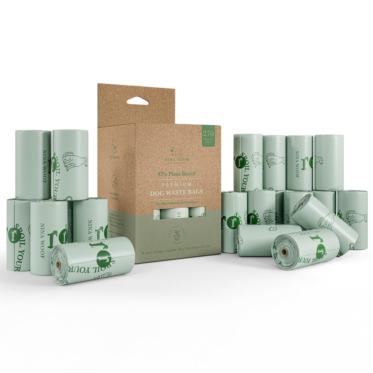 Nina Woof poop bags roll overview shows convenient, eco-friendly waste disposal.