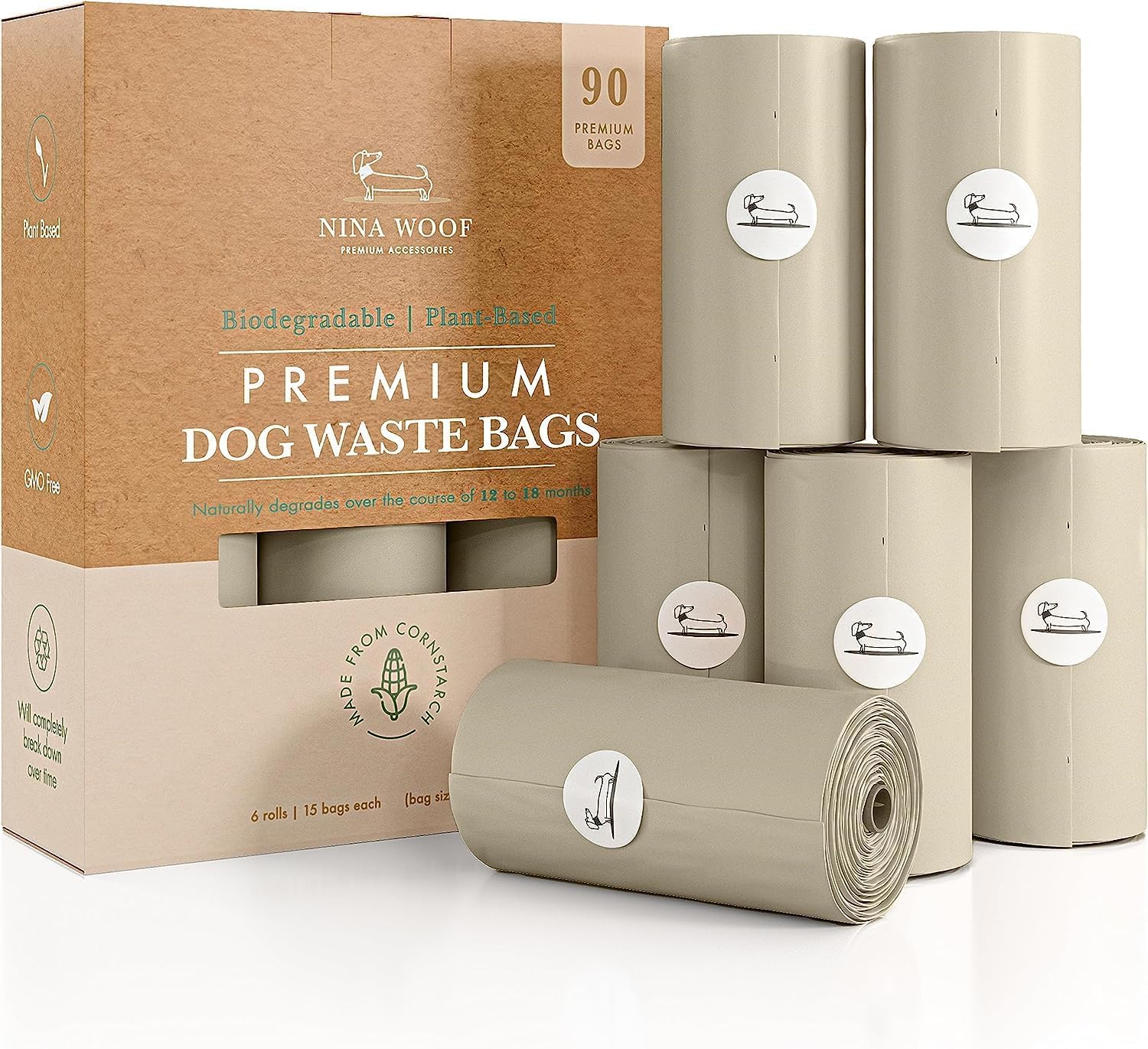Nina Woof dog poop bags rolls packaging shows compact eco-friendly packaging.