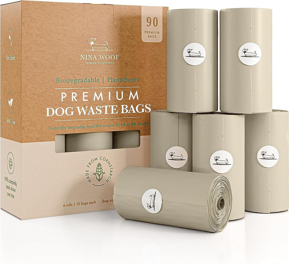 Nina Woof dog poop bags rolls packaging shows compact eco-friendly packaging.