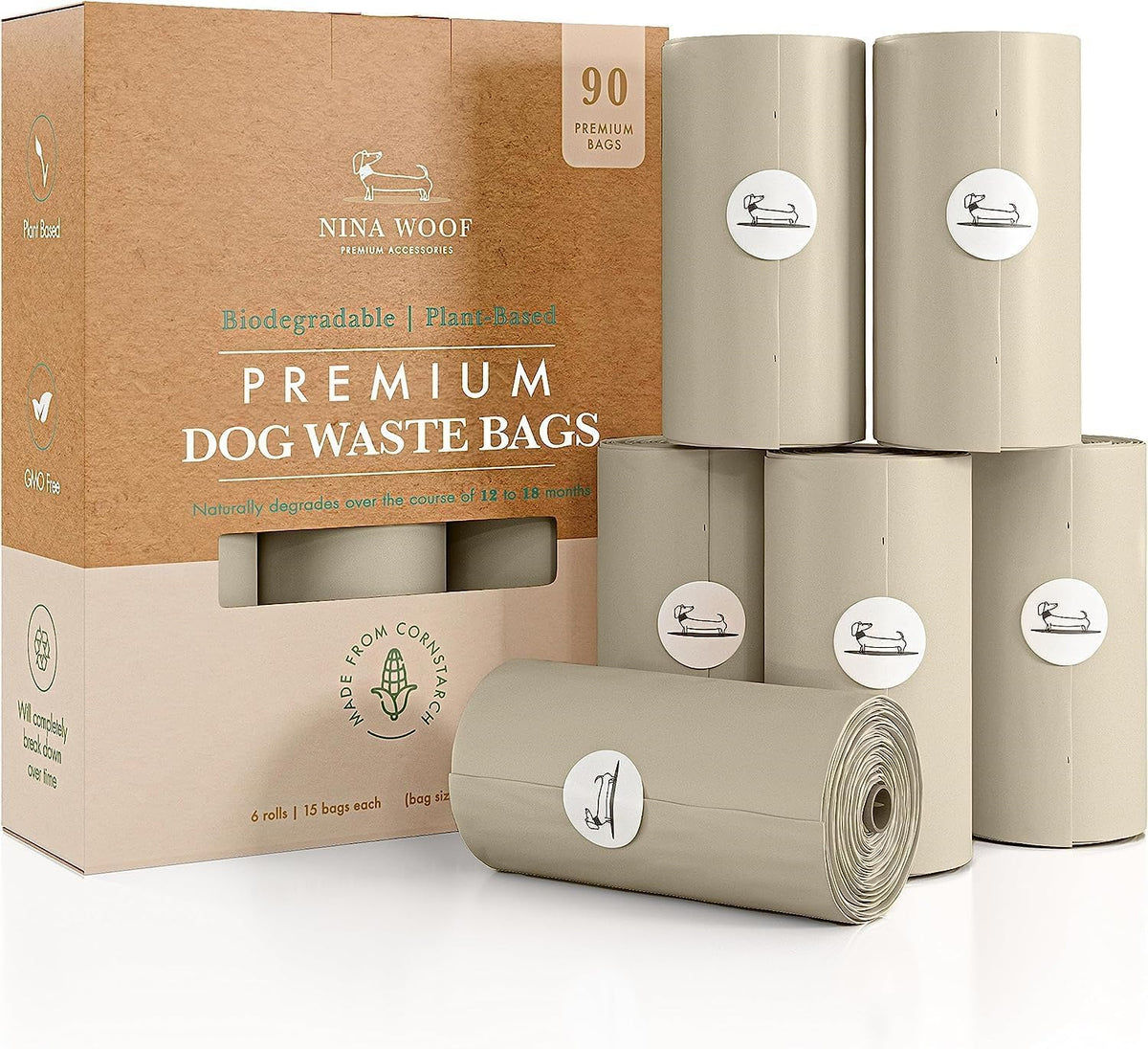 Nina Woof dog poop bags rolls packaging shows compact eco-friendly packaging.