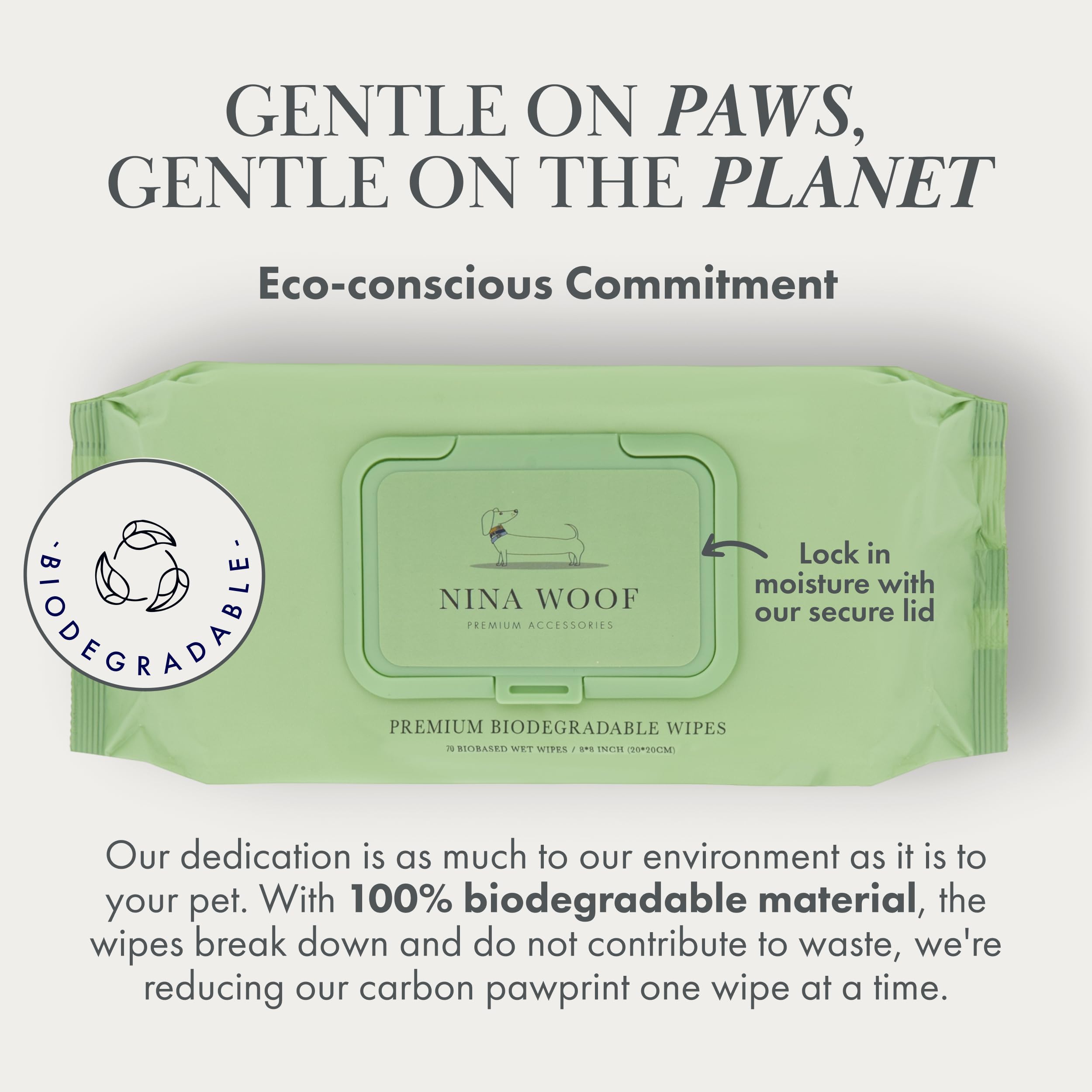Nina Woof dog wipes biodegradable packaging emphasizes eco-conscious pet care.