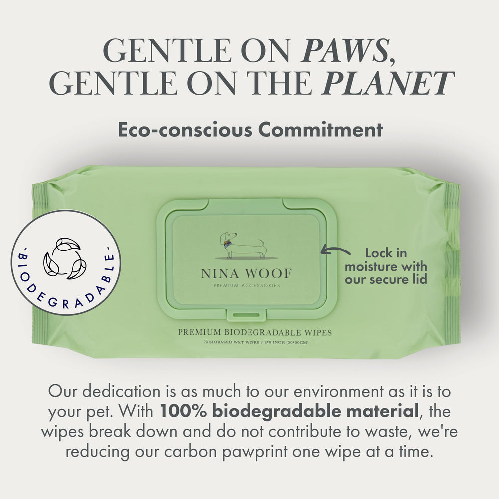 Nina Woof dog wipes biodegradable packaging emphasizes eco-conscious pet care.
