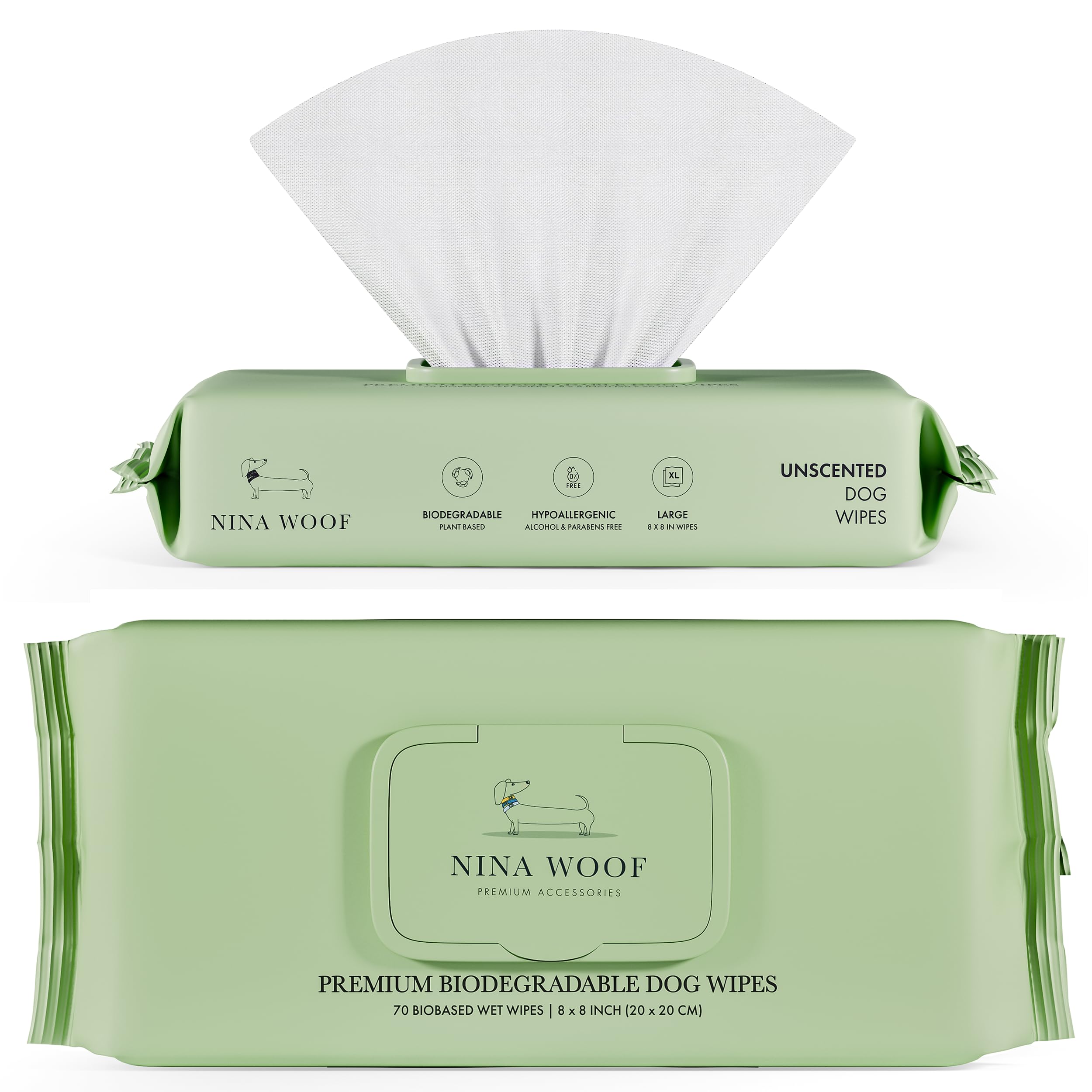 Nina Woof dog wipes close-up for face care and quick clean.