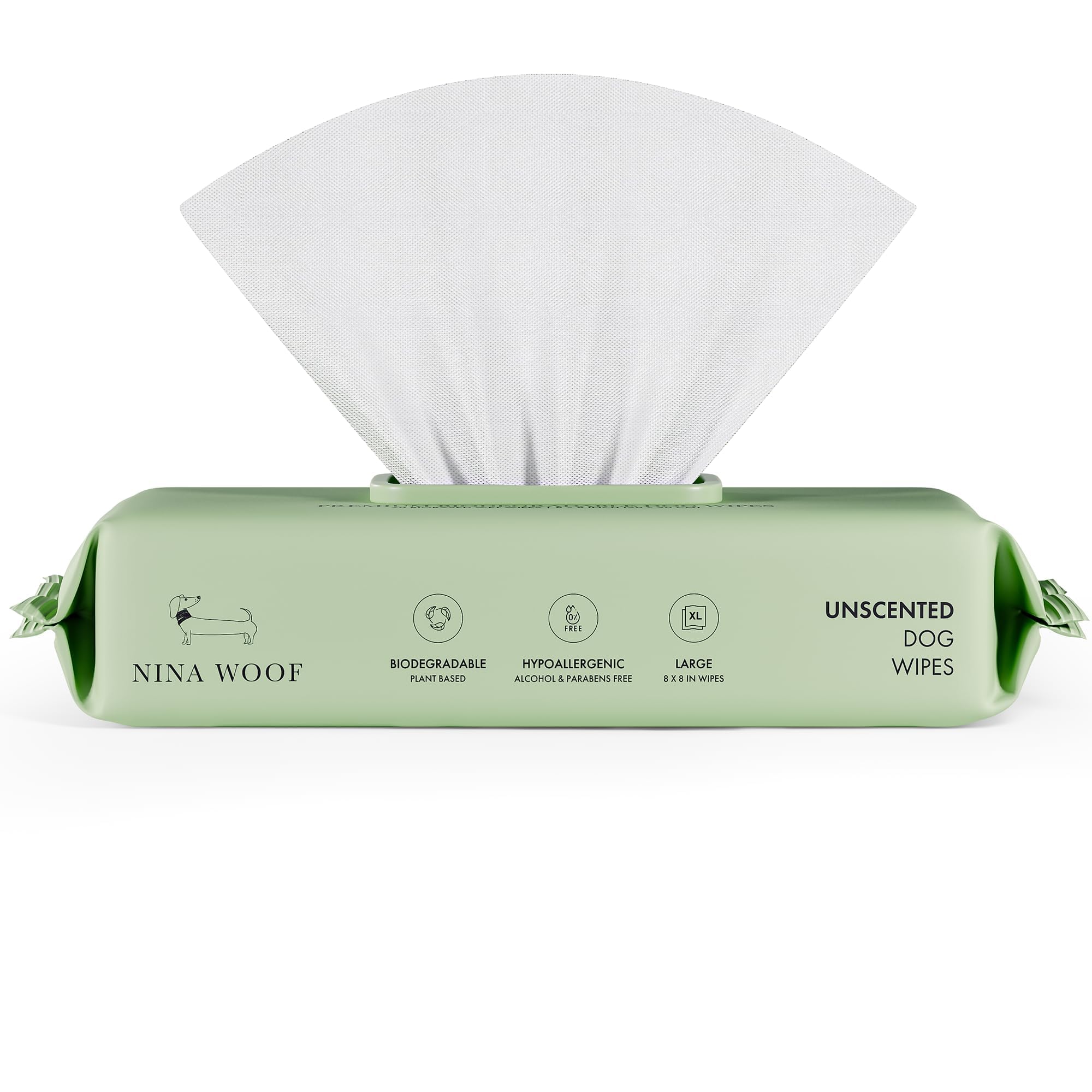 Nina Woof dog wipes fragrance-free pack showcasing eco-friendly packaging for gentle grooming.