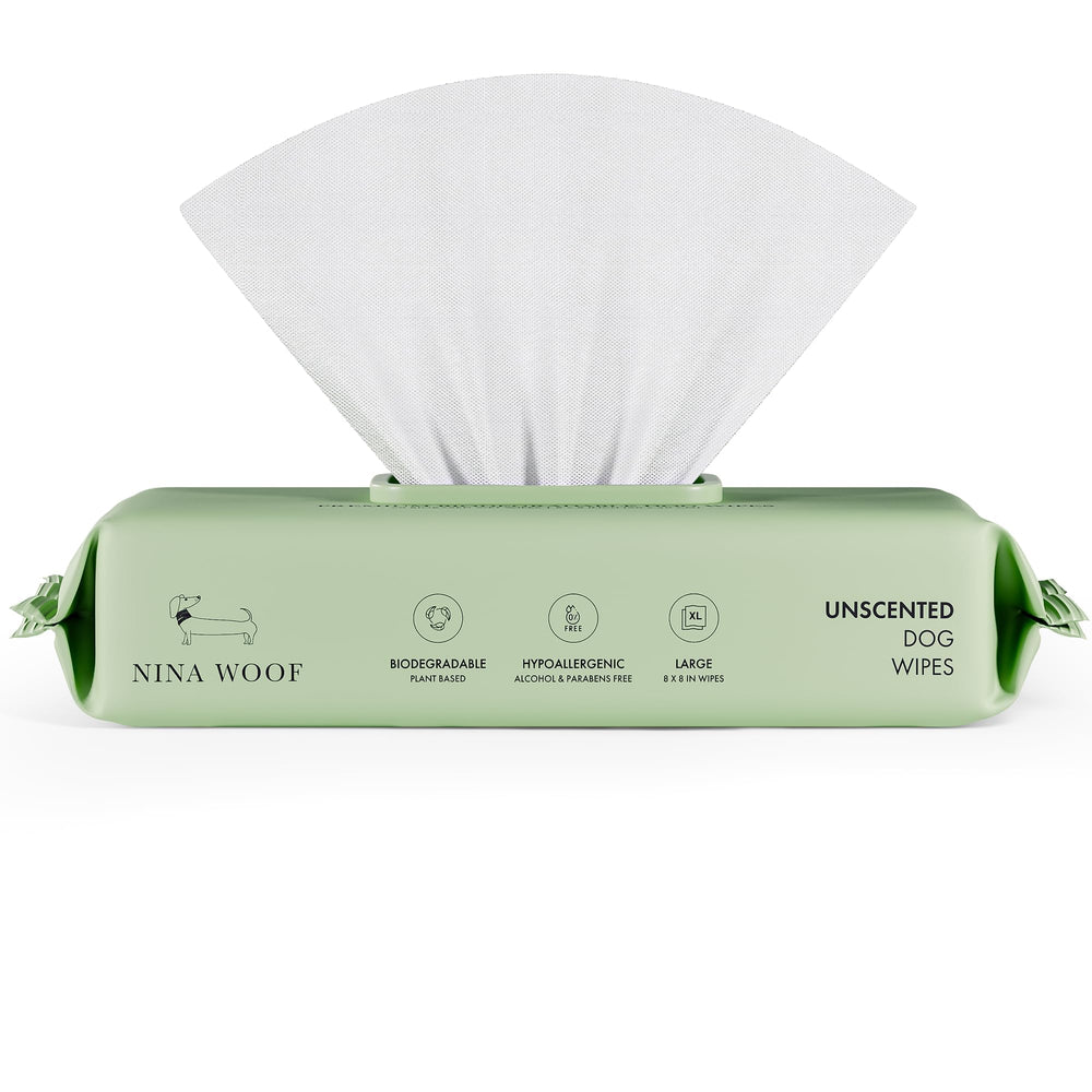 Nina Woof dog wipes fragrance-free pack showcasing eco-friendly packaging for gentle grooming.