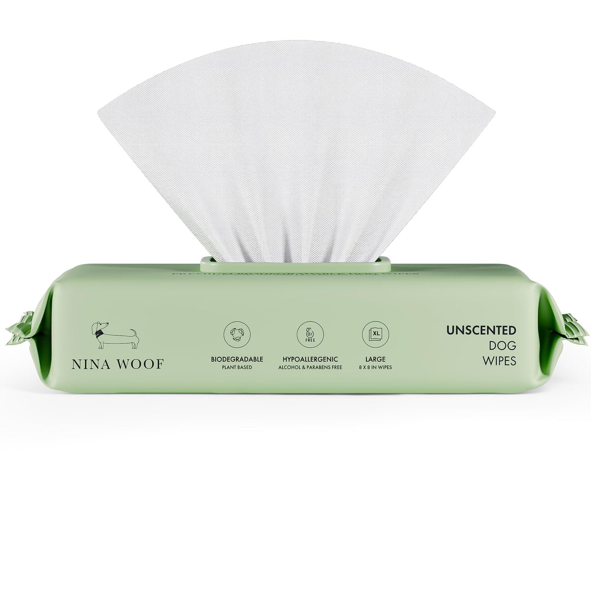 Nina Woof dog wipes fragrance-free pack showcasing eco-friendly packaging for gentle grooming.