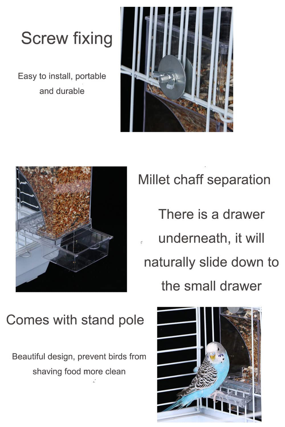 NINGVIHE No Mess Bird Feeder side view highlights compact size for small cages