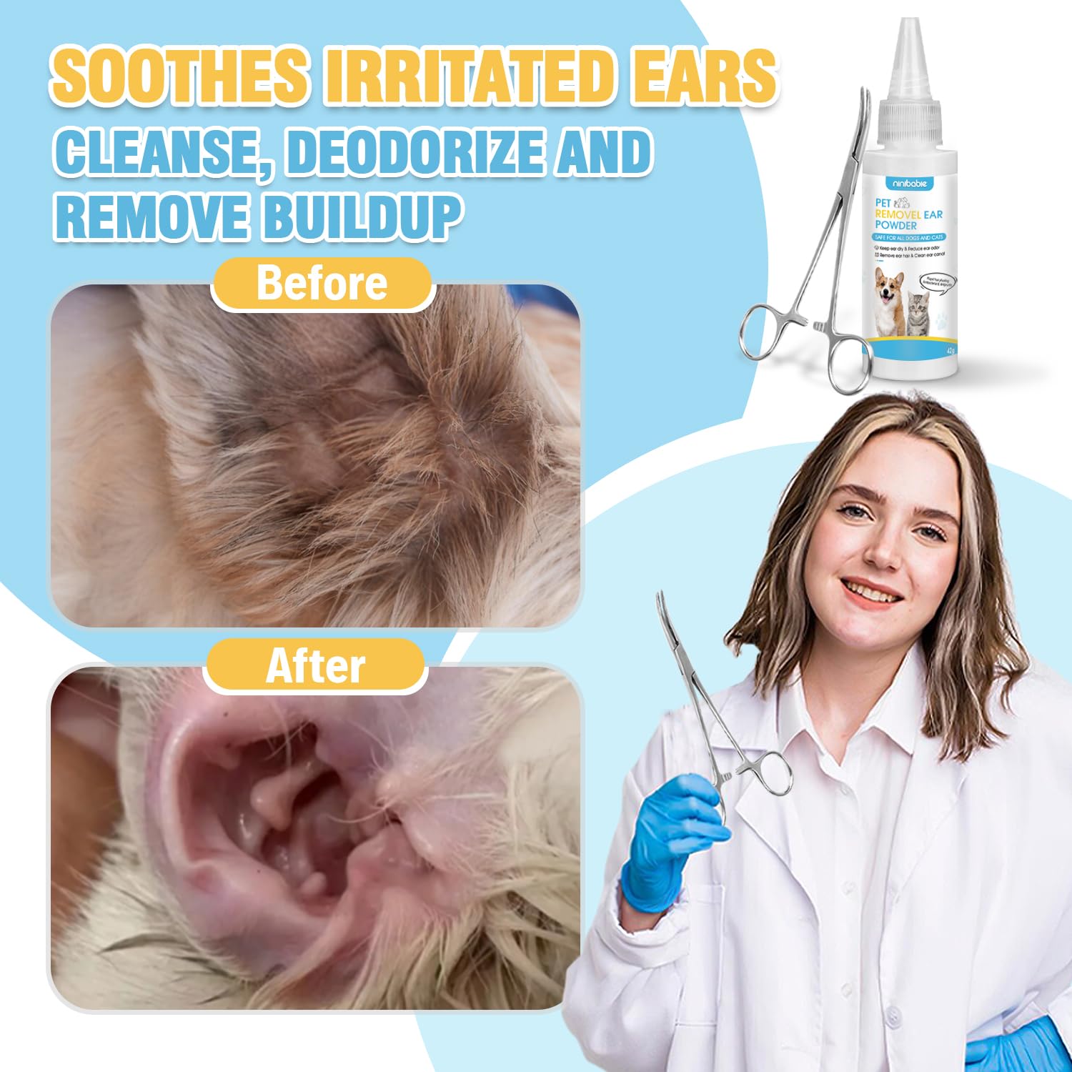 Ninibabie application nozzle aiding controlled ear powder application.