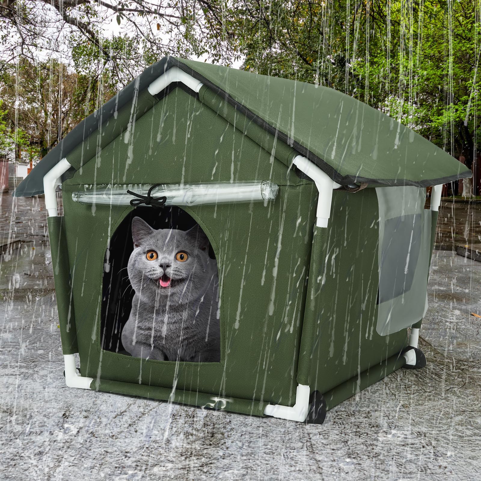 Ninodemu outdoor cat house exterior shields feral cats from wind and rain