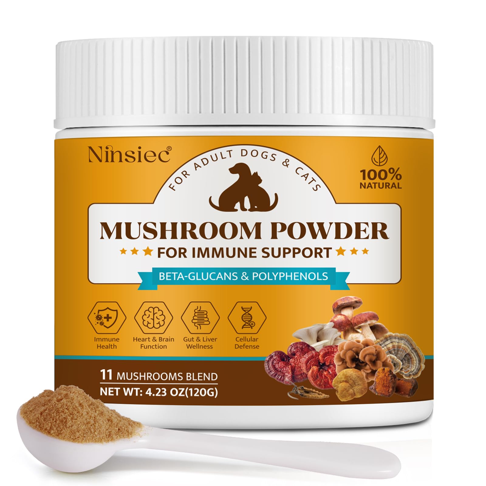 Ninsiec mushroom powder bottle with scoop for dogs and cats — immune support