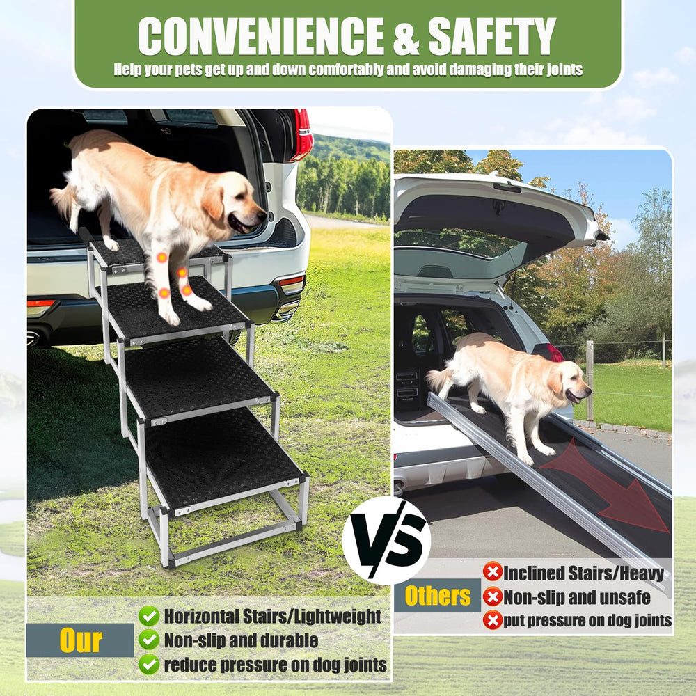 Ninth Shop Foldable Dog Stairs folded-compact for unobtrusive trunk storage.