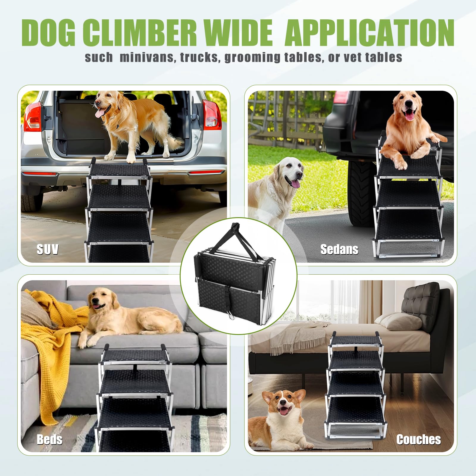 Ninth Shop Foldable Dog Stairs side view highlights adjustable height for different vehicles.