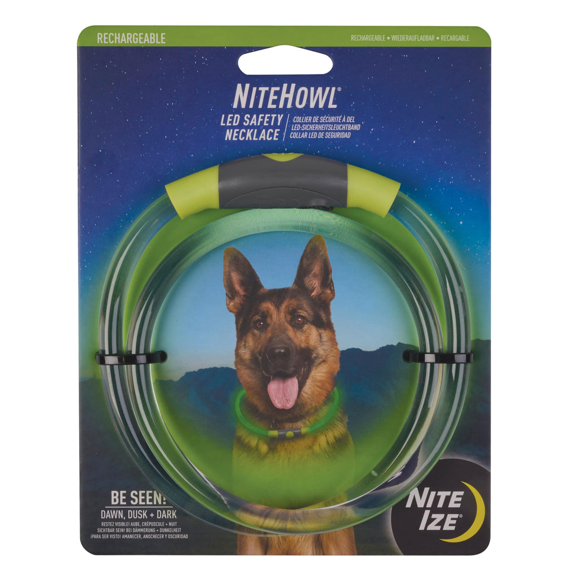 Nite Ize NiteHowl necklace on a dog's neck shows bright night-time visibility for evening walks.