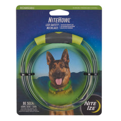 Nite Ize NiteHowl necklace on a dog's neck shows bright night-time visibility for evening walks.