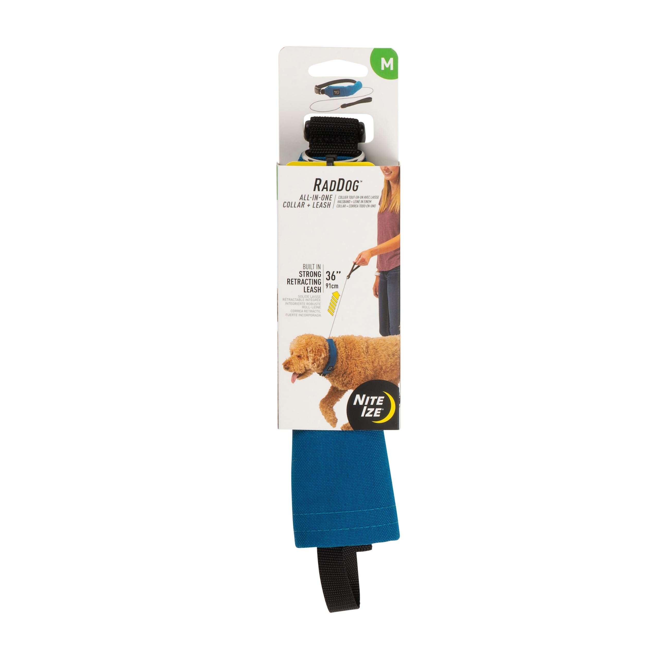 Nite Ize Raddog collar-leash retract extended for quick grab-and-go control.
