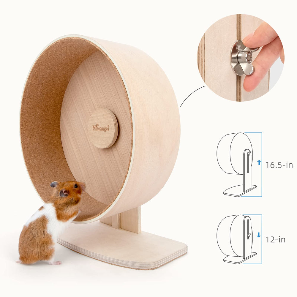 Niteangel adjustable-height wheel accommodates cage themes and different hamster sizes.