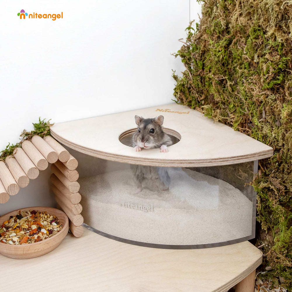 Niteangel sand-bath box space-saving corner design fits small cages efficiently.