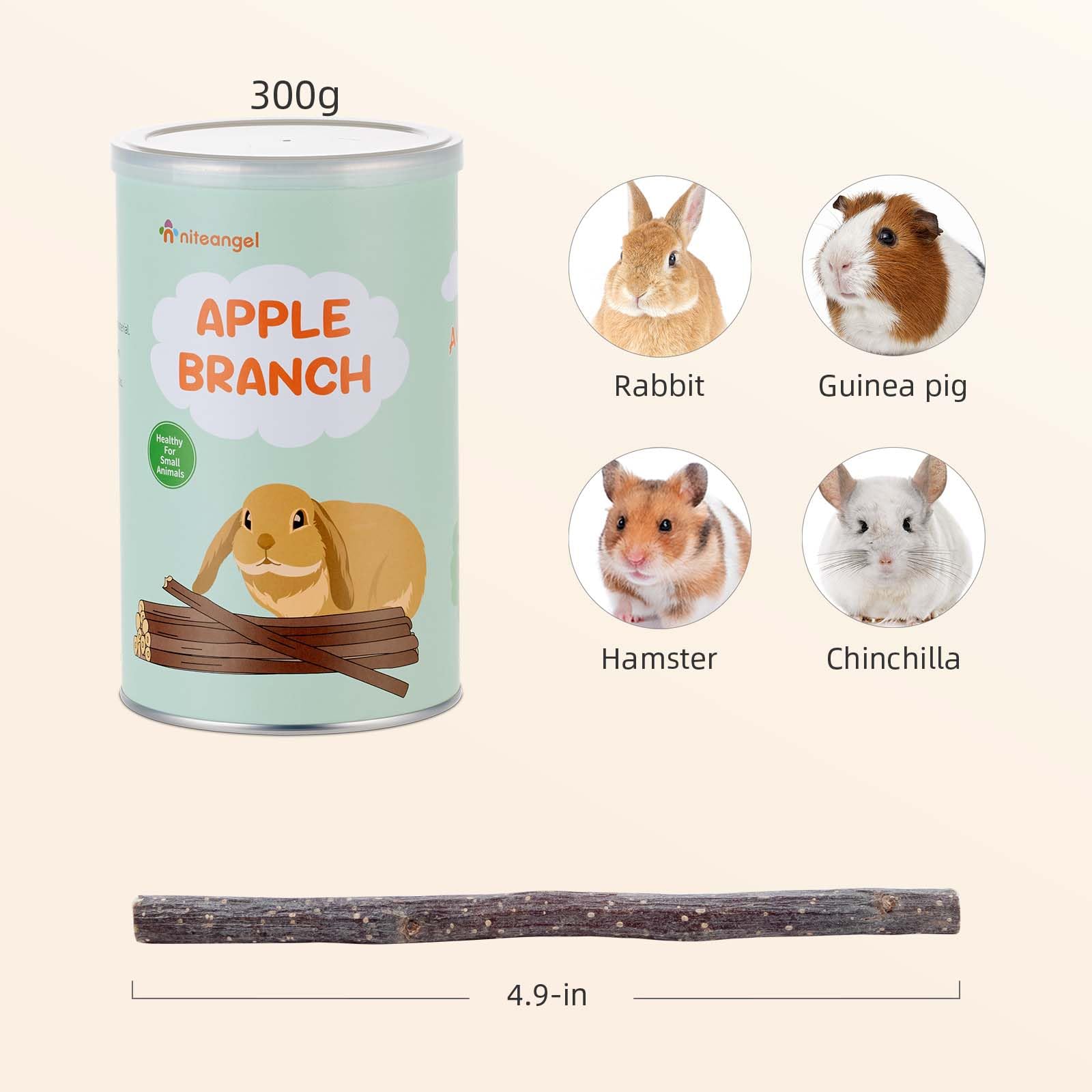 Niteangel Apple Sticks closeup reveals natural apple branches for safe chewing.