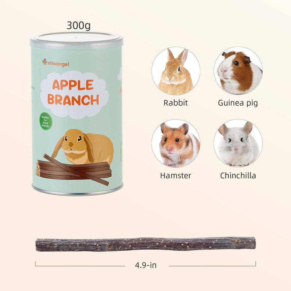 Niteangel Apple Sticks closeup reveals natural apple branches for safe chewing.