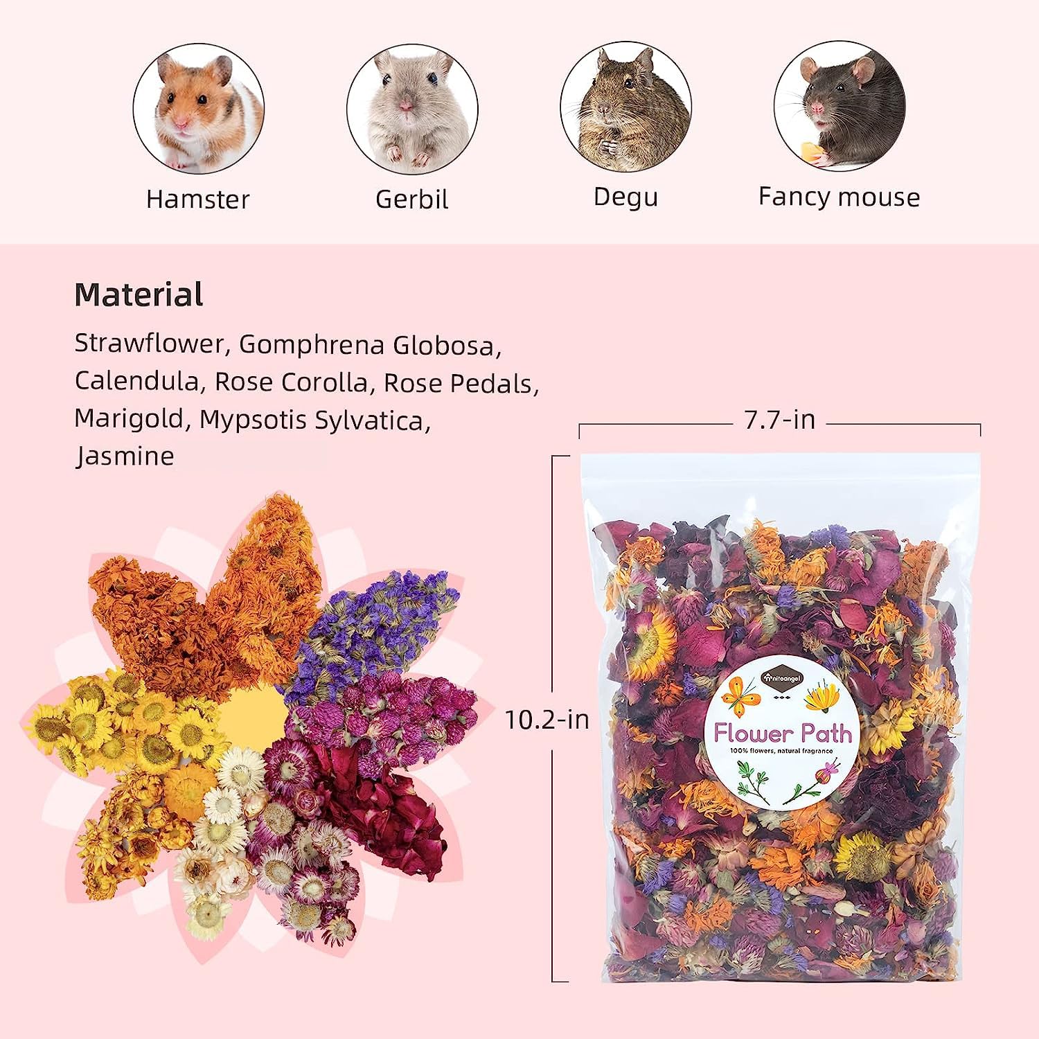 Niteangel dried flower bedding texture adds enrichment and chewing variety.