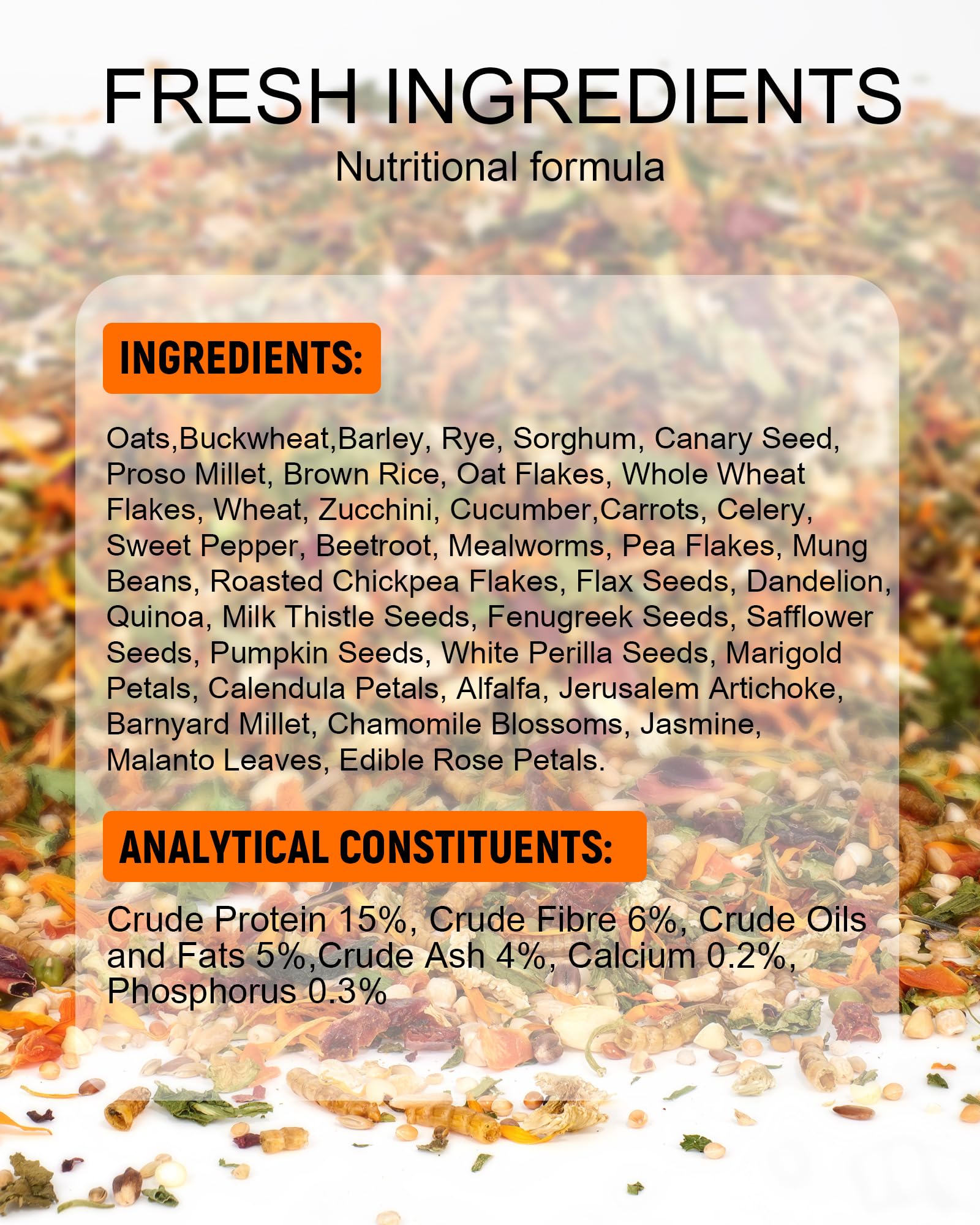 Niteangel Hamster Food & Treats Toy closeup ingredients reveal varied oats, vegetables, and chickpea flakes.