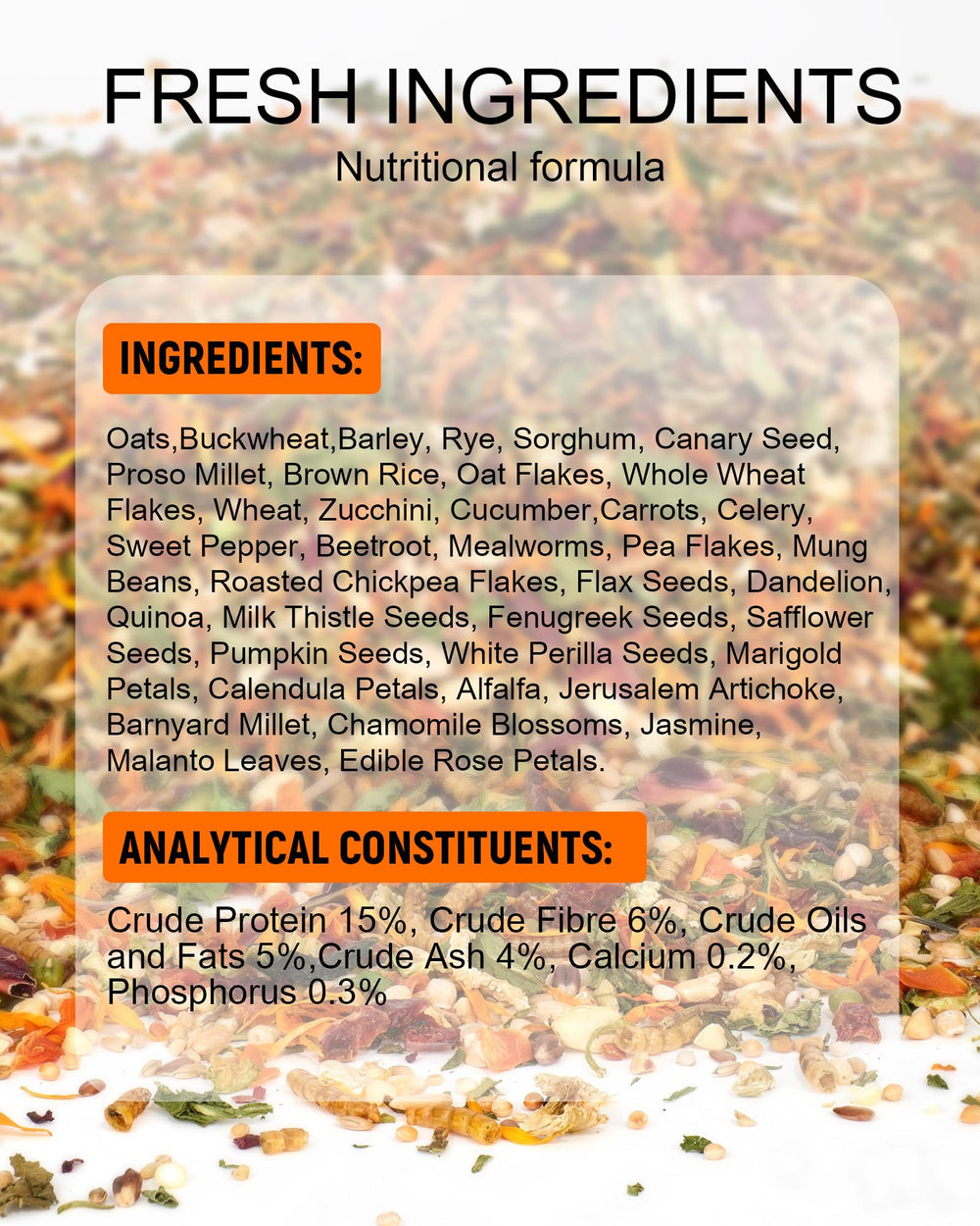 Niteangel Hamster Food & Treats Toy closeup ingredients reveal varied oats, vegetables, and chickpea flakes.