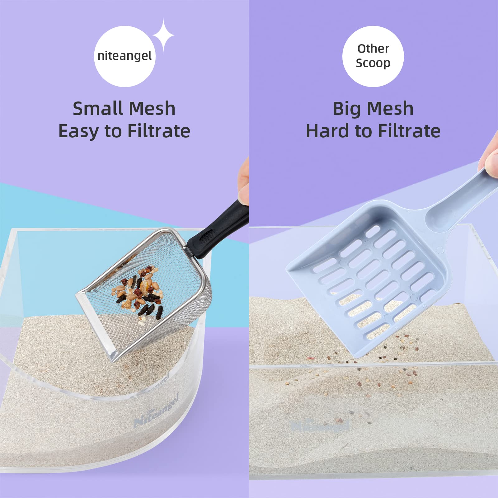 Niteangel hamster sand bath scoop handle closeup demonstrates ergonomic grip for comfortable use.