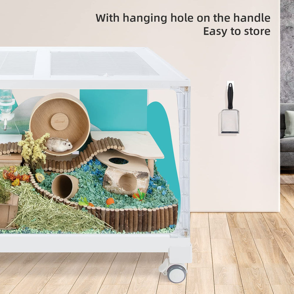 Niteangel hamster sand bath scoop in terrarium proves efficient corner cleaning.