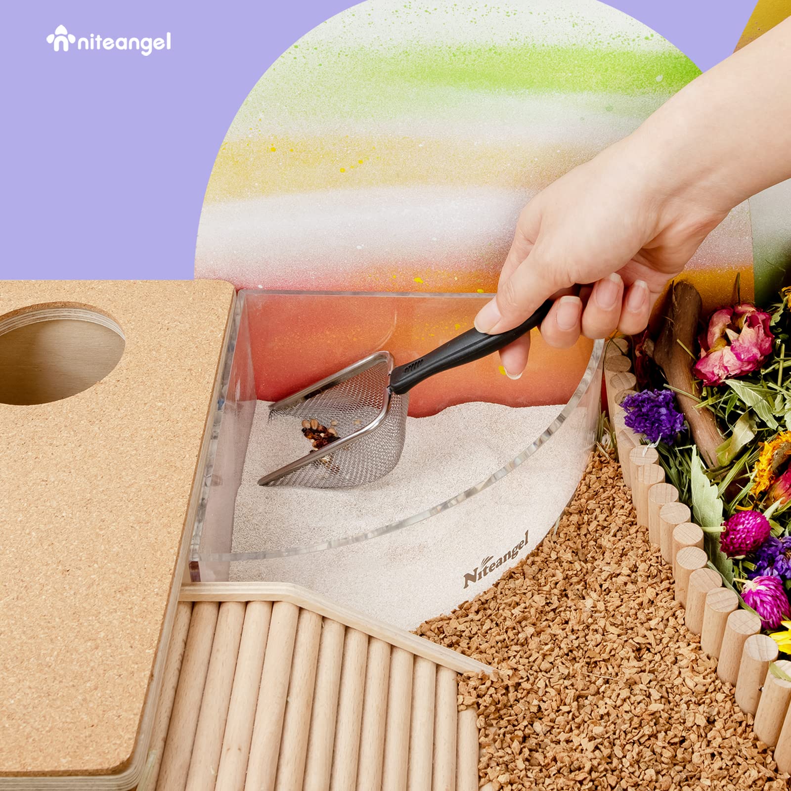 Niteangel hamster sand bath scoop packaging image shows ready-to-use tool.