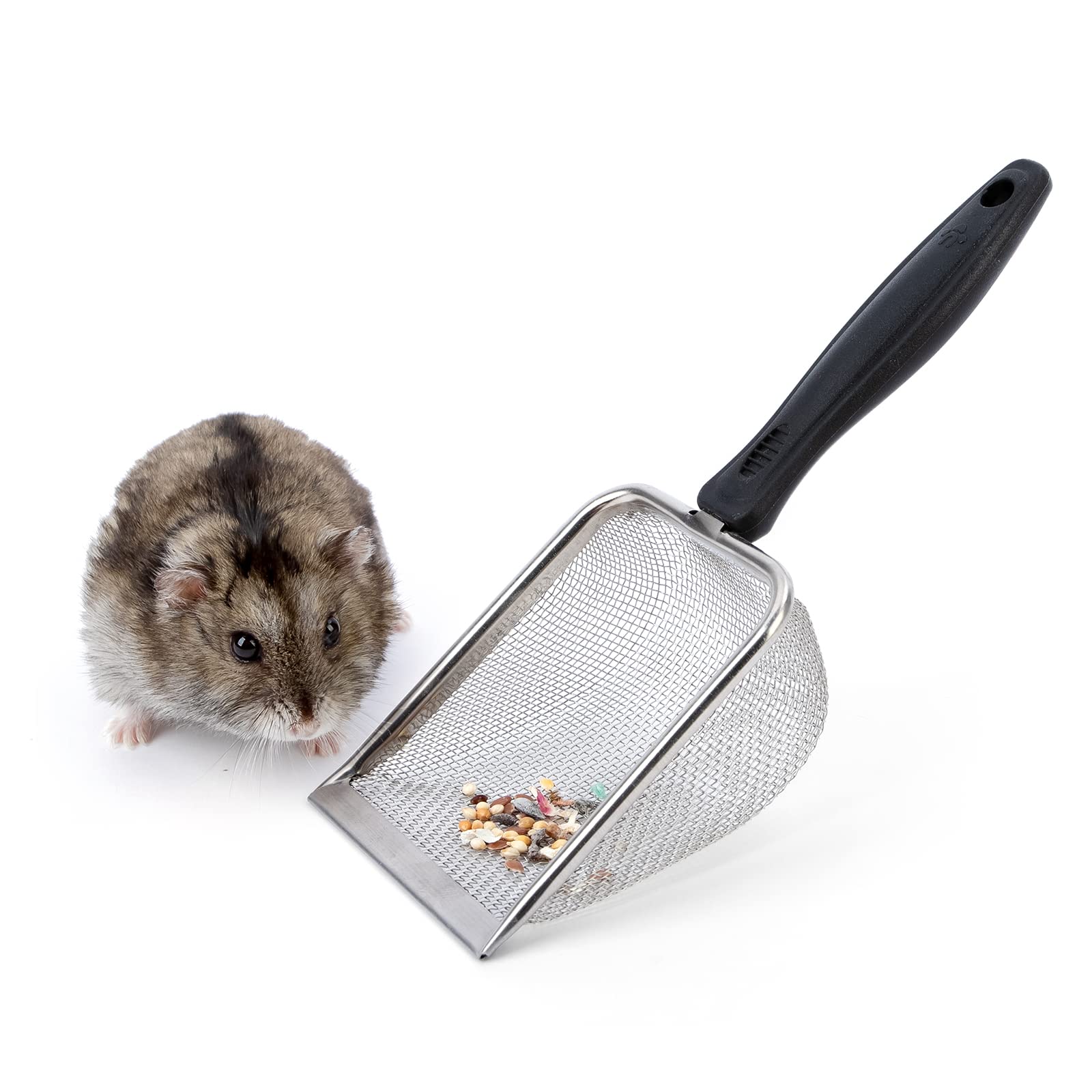 Niteangel hamster sand bath scoop top view shows compact stainless steel design for easy screening.
