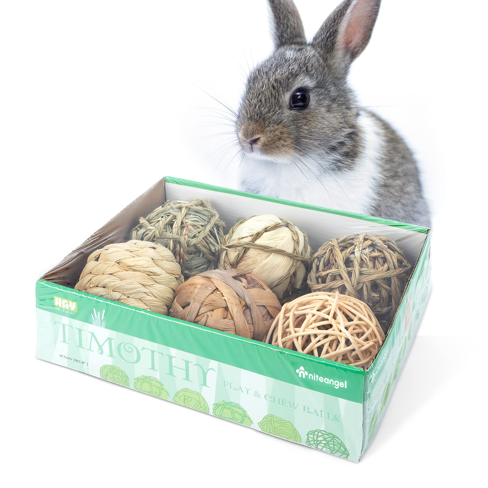 Niteangel natural chew ball close-up, 3-inch seagrass toy, ideal for enrichment and dental wear.