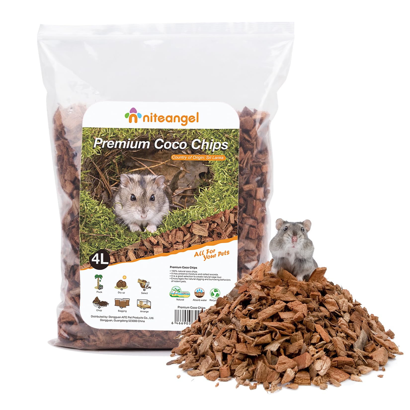 Niteangel natural coco/cork hamster bedding bag showing soft, low-dust material for dig-friendly habitat.