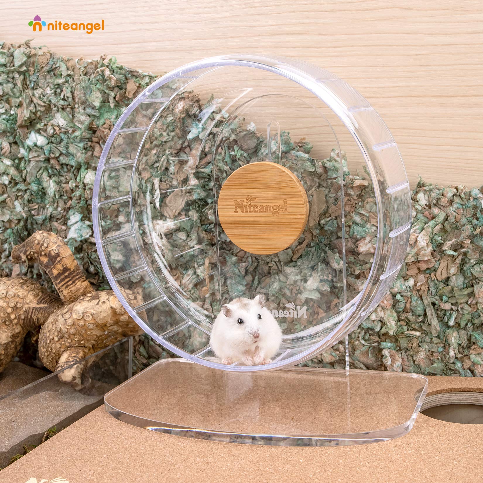 Niteangel Super-Silent Hamster Wheel adjustable-height image highlights easy fit for different bedding setups.