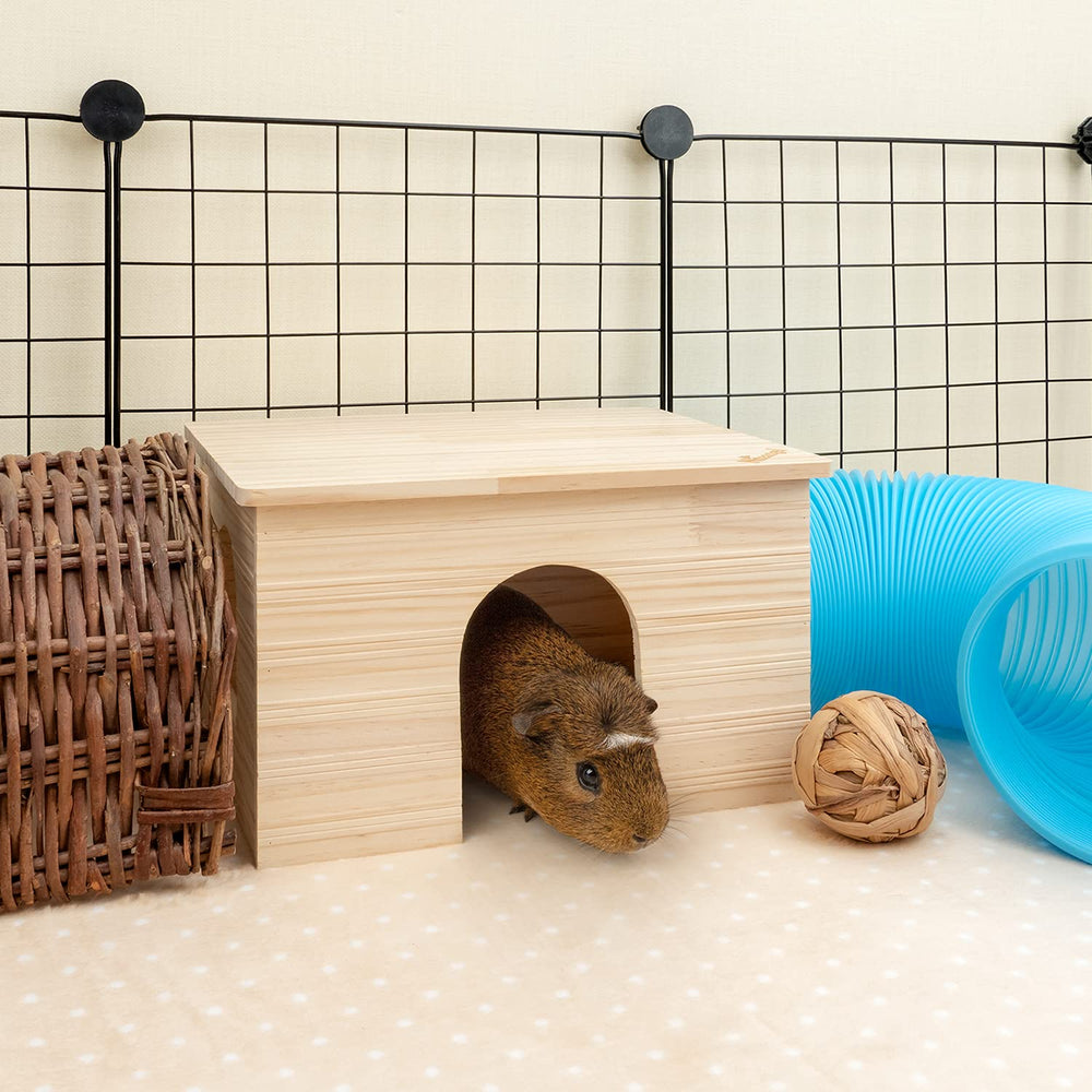 Niteangel Wood House front view reveals roomy interior for guinea pigs.