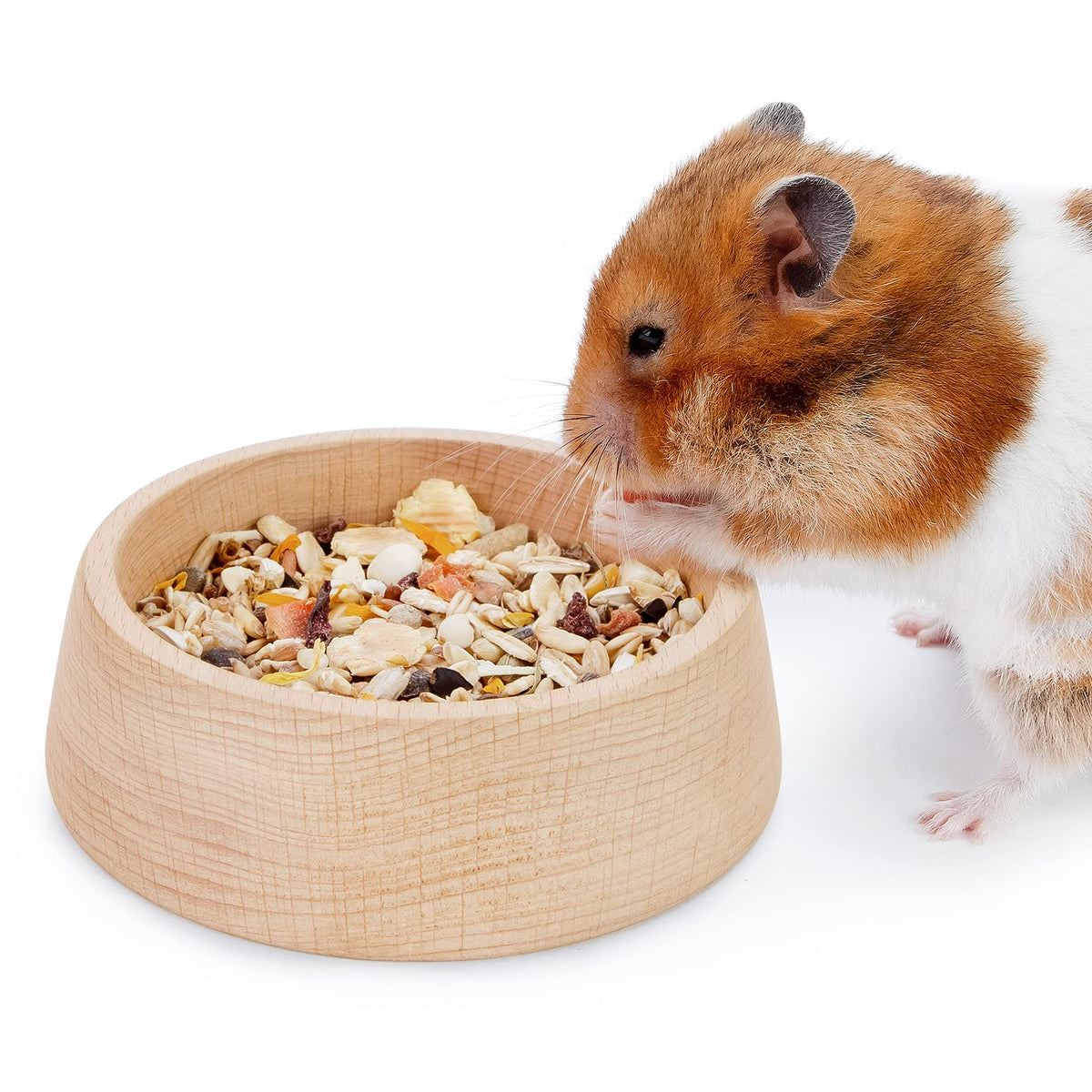 Niteangel wooden hamster bowl with hammery pattern offers a stable feeding option for small pets.