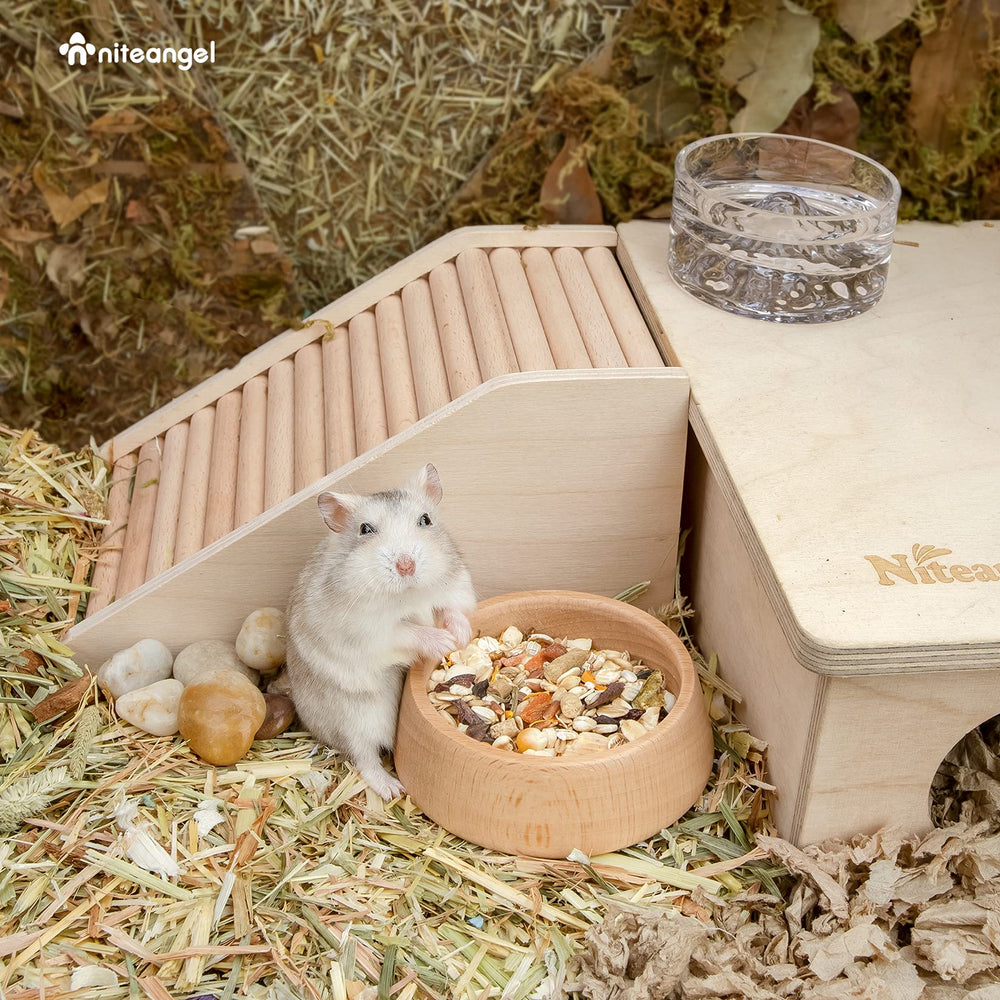 Niteangel wooden hamster bowl has a stable base to reduce tipping