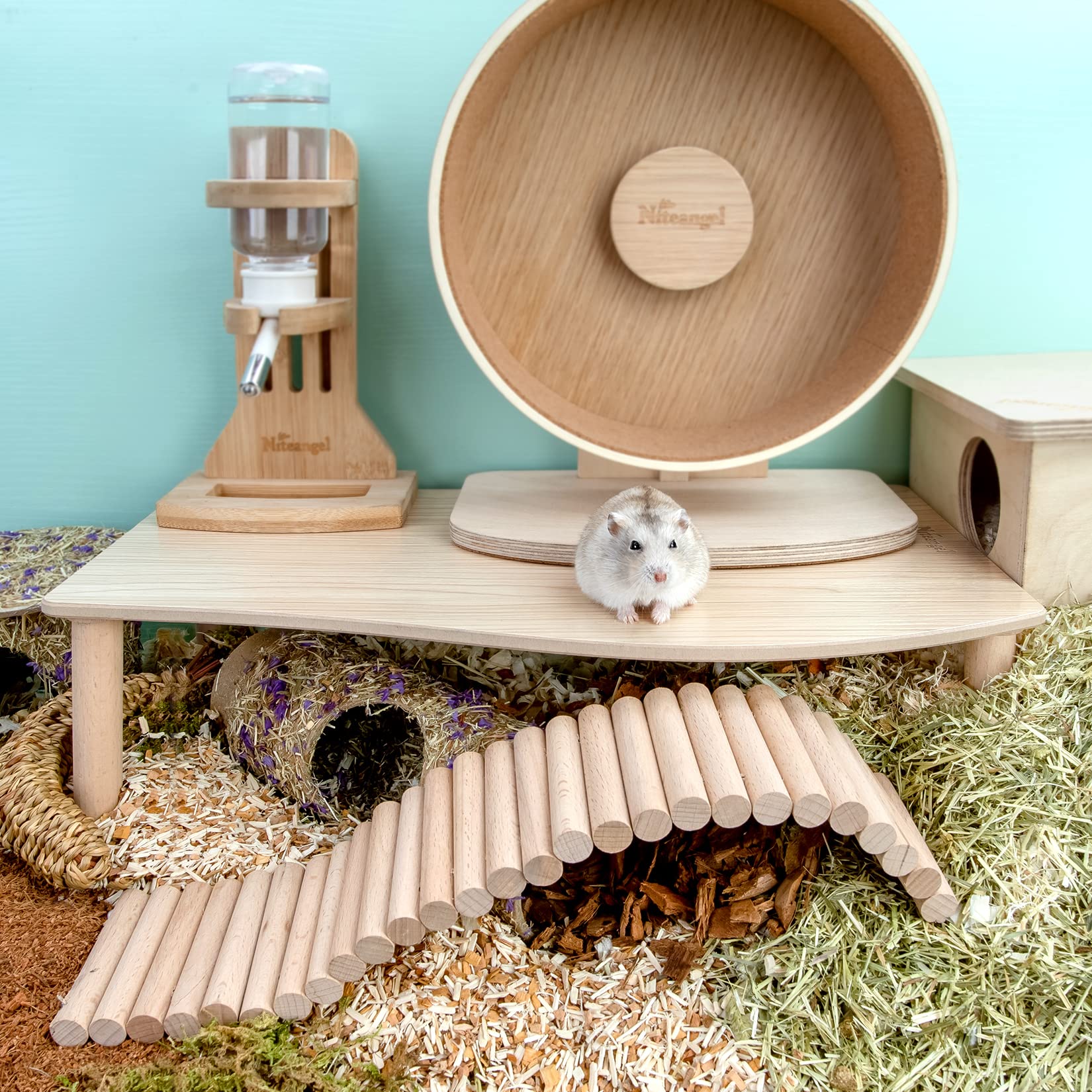 Niteangel wooden platform top surface — paw-friendly playground for tiny pets.